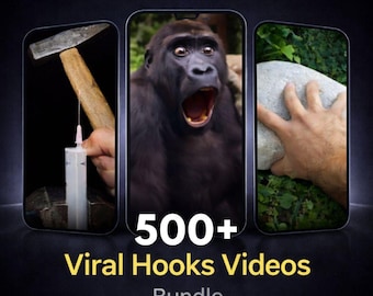 May include: Image promoting a video bundle. Three smartphone screens display a hammer and syringe, a gorilla with an open mouth, and a hand holding a rock. The text reads "500+ Viral Hooks Videos Bundle."