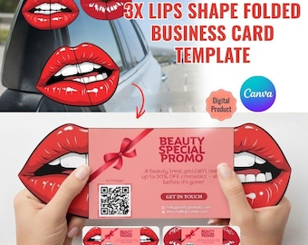 3 Lips Shaped Folded Business Card Template | Beauty Brand, Canva Editable (Digital Download)