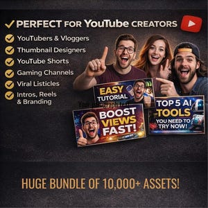 May include: Image promoting YouTube content creation. Features a group of smiling people and graphics with text like "Easy Tutorial" and "Boost Views Fast!" Includes a list of topics: YouTubers, Shorts, Gaming, and more. The text also mentions a bundle of assets.