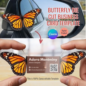 Può includere: Un modello di biglietto da visita con un design a farfalla. Il biglietto, tenuto tra le dita, mostra le ali arancioni, nere e bianche della farfalla. Il biglietto include un nome, un titolo, i dettagli di contatto e un codice QR. L'immagine include anche il testo "BUTTERFLY DIE CUT BUSINESS CARD TEMPLATE".