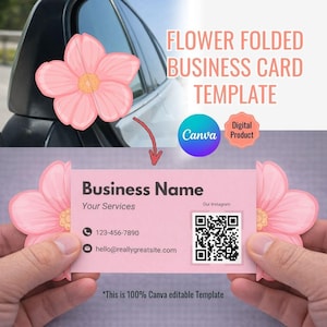 Puede incluir: Plantilla de tarjeta de visita rosa con diseño floral. La tarjeta incluye espacio para el nombre de la empresa, servicios, información de contacto y un código QR. La plantilla es editable en Canva y es un producto digital.