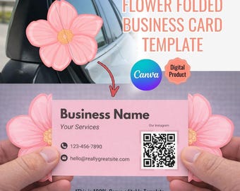Floral Die Cut Business Card Template | Pink Flower, QR Code (Canva Editable Digital Download)