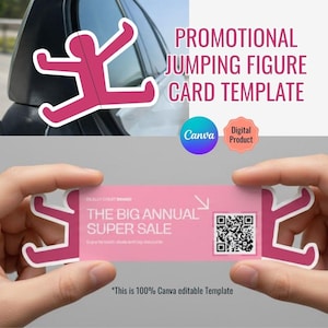 May include: A pink promotional card template with a jumping figure design. The card features the text "THE BIG ANNUAL SUPER SALE" and a QR code. The image also includes the text "PROMOTIONAL JUMPING FIGURE CARD TEMPLATE" and "This is 100% Canva editable Template."
