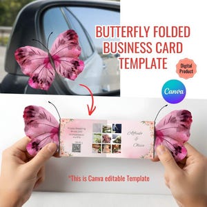 May include: A butterfly-themed business card template with pink watercolour wings. The card is held open, displaying wedding details and the names "Alfredo & Olivia." The text "BUTTERFLY FOLDED BUSINESS CARD TEMPLATE" is shown above. The image also includes a "Digital Product" badge and a Canva logo.