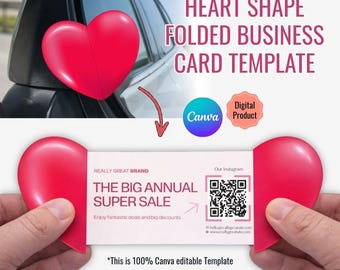 Heart Shaped Folded Business Card Template | Canva Editable, QR Code (Digital Download)