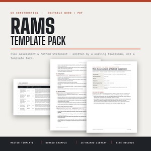 Puede incluir: Un paquete de plantillas RAMS digital para la construcción en el Reino Unido, con documentos editables en Word y PDF. El diseño incluye una evaluación de riesgos y una declaración de método con una biblioteca de peligros y registros.