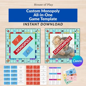 Customizable Monopoly Game Template Bundle - Editable Blank Board Game DIY Kit - Personalizable Family Gift - Canva Digital Download PDF