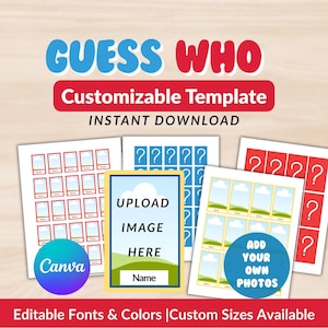 Pode incluir: Um modelo personalizável Guess Who com várias folhas de cartas de jogo com bordas vermelhas, azuis e amarelas. O cartão central exibe o texto Upload Image Here e Name. O texto adicional inclui Customizable Template e Instant Download.