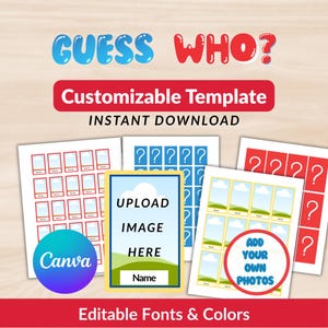 May include: A customizable "Guess Who?" template with various layout options. The design includes the text "GUESS WHO?", "Customizable Template", and "INSTANT DOWNLOAD". It features editable fonts and colors, with options to upload images and add photos.