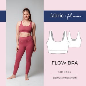 Puede incluir: Una mujer con un conjunto de ropa deportiva malva, que incluye un sujetador deportivo y leggings. La imagen también presenta un diagrama de un sujetador deportivo con el texto "FLOW BRA" y "fabric + flow". Tallas disponibles: XXS-4XL.