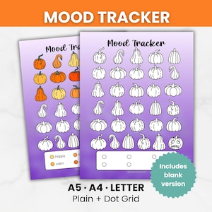May include: Two printable mood tracker sheets with a purple gradient background. Each sheet features the text Mood Tracker and a grid of pumpkin illustrations. One sheet shows colored pumpkins, while the other displays black and white outlines.