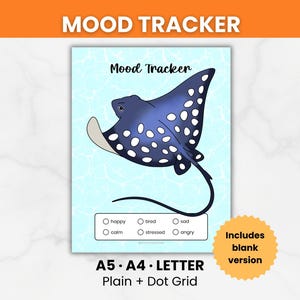 May include: A printable mood tracker sheet featuring a dark blue spotted stingray illustration on a light blue water-patterned background. The text Mood Tracker is at the top, with a selection box below containing the labels happy, calm, tired, stressed, sad, and angry.