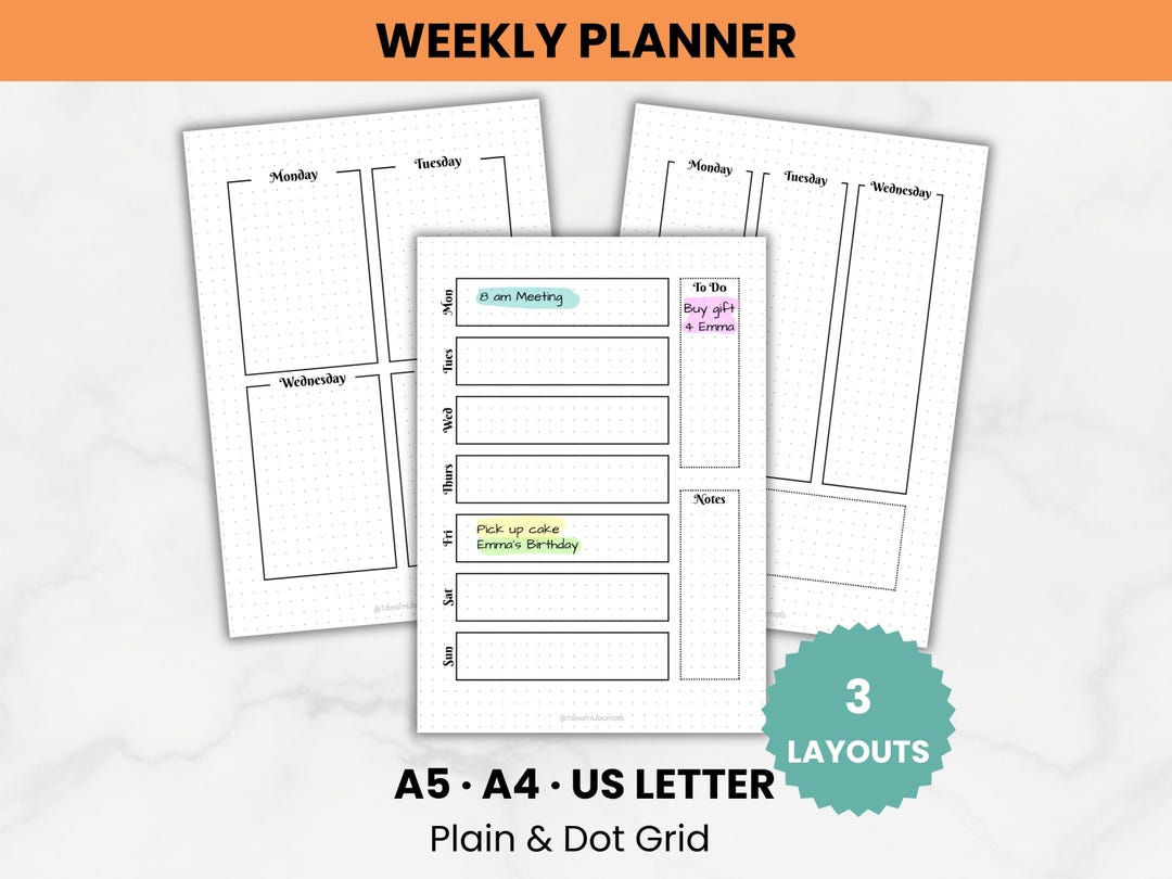 Weekly Planner PRINTABLE | Undated Weekly Calendar | 3 Bullet Journal ...