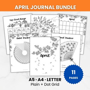 Könnte beinhalten: Eine Sammlung von schwarz-weiß bedruckbaren Journalseiten. Die Seiten umfassen einen Gewohnheitstracker, einen Stimmungstracker und einen Kalender. Das Bundle trägt die Bezeichnung "April Journal Bundle" und umfasst 11 Seiten. Verfügbare Größen sind A5, A4 und Letter, mit glatten und gepunkteten Rasteroptionen.