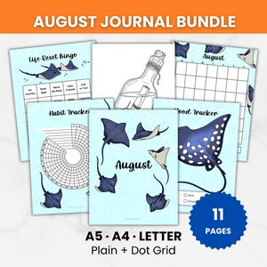 May include: An August journal bundle featuring 11 pages in A5, A4, and letter sizes with plain and dot grid options. The pages include a Life Reset Bingo, a habit tracker, a mood tracker, and an August calendar, all decorated with blue stingray illustrations and a message in a bottle graphic.