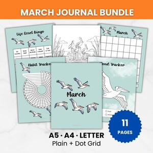 May include: A journal bundle with a teal cover featuring pelican illustrations. The bundle includes a "Life Reset Bingo", "Habit Tracker", "Mood Tracker", and a monthly calendar. The text "March Journal Bundle" and "11 Pages" are also visible.
