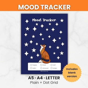 May include: A dark blue mood tracker sheet featuring a fox looking up at white stars. Below the fox, a white box contains the text happy, tired, sad, calm, stressed, and angry with circular checkboxes. The sheet includes A5, A4, and letter sizes.
