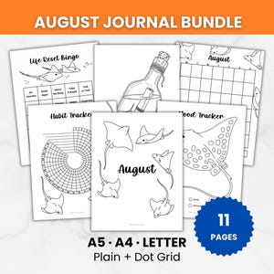 May include: An August journal bundle featuring 11 pages of printable stationery. The black and white sheets include a Life Reset Bingo card, a message in a bottle illustration, an August calendar, a circular habit tracker, and a mood tracker.