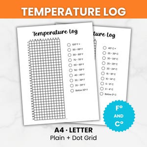 May include: Two white paper sheets titled Temperature log featuring a grid for tracking daily temperatures. One sheet lists Fahrenheit ranges from 100° F+ to Below 20° F, while the other shows Celsius ranges from 40° C+ to Below 0° C. A blue badge indicates F° and C°.