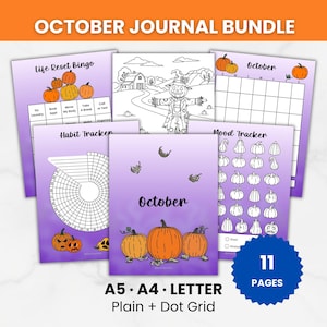 May include: A digital October journal bundle featuring 11 pages with purple gradient backgrounds, pumpkin illustrations, and text including Life Reset Bingo, Habit Tracker, Mood Tracker, and October. Includes A5, A4, and Letter sizes.