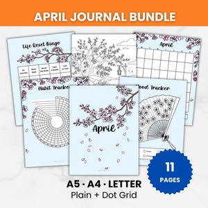 May include: A bundle of printable journal pages with a light blue background and cherry blossom illustrations. The pages include a habit tracker, mood tracker, and calendar. The text on the pages reads "April Journal Bundle", "Life Reset Bingo", and "April". The bundle includes 11 pages.