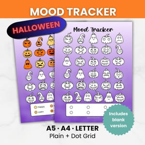 May include: A printable mood tracker sheet featuring a purple gradient background with rows of various pumpkin illustrations. The text reads Mood Tracker, Halloween, and includes a legend for tracking emotions. The sheet is available in A5, A4, and Letter sizes with plain or dot grid options.