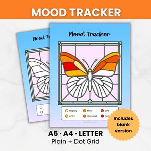 May include: Two mood tracker sheets with a butterfly design. The butterfly has orange, yellow, and red wings, and is set against a pink background. The text "Mood Tracker" is at the top. The bottom text reads "A5 • A4 • LETTER Plain + Dot Grid".