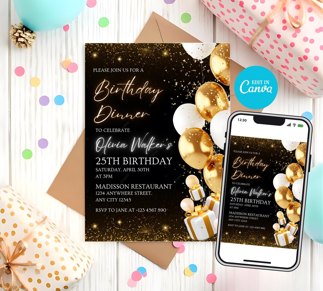 Editable Elegant Black and Gold Birthday Dinner Invitation Template ...