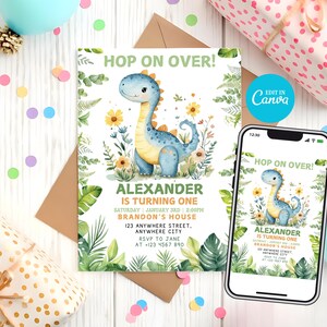 May include: A birthday invitation with a watercolor illustration of a blue dinosaur with yellow accents, surrounded by flowers and greenery. The text reads "Hop on Over!" and includes party details.