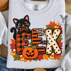 Eek Halloween png, lapptäcke med svart katt och spindelnätsdesign, buffelpläd med prickig sublimering png
