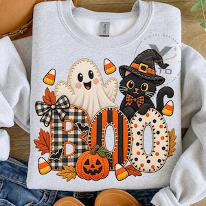 Halloween-png, lapptäcksdesign med spökkatt och häxhatt, sublimering med buffelpumpa och höstpng