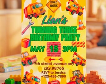 Construction Birthday Invitation, Editable Truck Theme Party Invite (Digital Download)