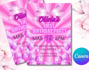 Pink Ribbon Birthday Invitation – Editable PDF Template
