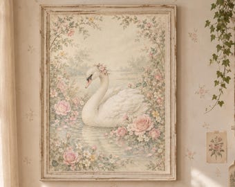 Vintage Swan Wall Art, Pastel Floral, Boho Living Room Decor (Digital Download)