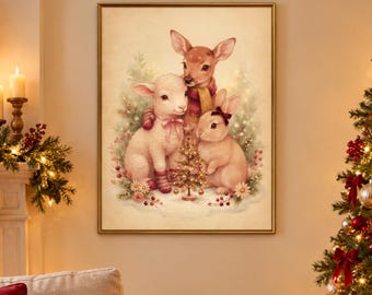 Vintage Christmas Woodland Animals Print, Blush Deer Lamb Bunny (Digital Download)