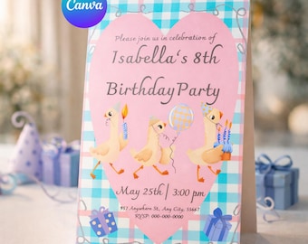 Editable Goose Birthday Invitation, Pink Gingham Party Template (Digital Download)