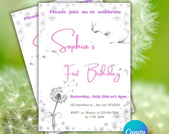 Pink Dandelion Birthday Invitation, Editable Canva Template (5x7 inches)