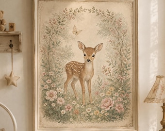 Vintage Fawn Wall Art, Boho Nursery Decor, Wildflower Deer Print (Digital Download)