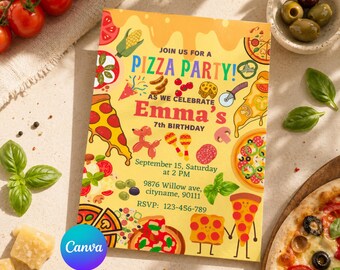 Editable Pizza Party Birthday Invitation, Kids Celebration Template (Canva Download)
