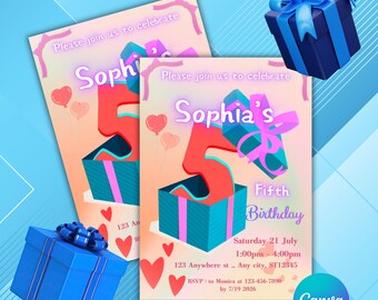 Kids Gift Box Birthday Invitation | Colorful Balloons, Any Age (5x7 Canva Download)