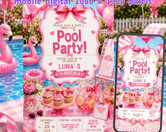 Pink Pool Party Birthday Invitation Template, Editable Canva Design (5x7 + Mobile)