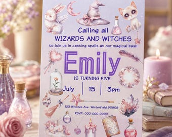 Wizard Birthday Invitation, Pastel Fantasy Animals, Magical Party Invite (Canva Template)
