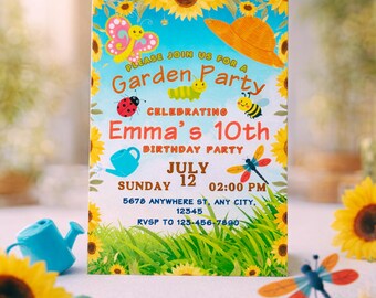 Editable Garden Birthday Invitation, Sunflower Party Invite, Kids Summer Celebration, Printable PDF, Canva Template