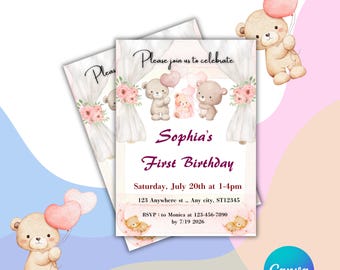 Editable Teddy Bear Birthday Invitation | Pink Balloon Baby Girl Card (Digital Download)