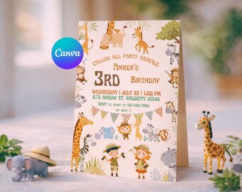 Safari Animal Birthday Invitation, Jungle Explorer Kids Party, Editable Canva Template (5x7 Download)