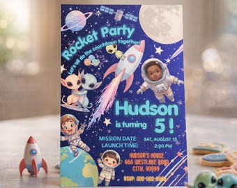 Outer Space Birthday Invitation, Rocket Astronaut Party Card, Editable Canva Design (5x7)