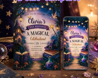 Magical Birthday Invitation, Wizard Party Template, Fairytale Any Age (5x7 & Mobile)