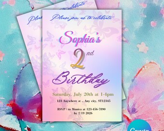 Pastel Butterfly Birthday Invitation | Editable Canva Kids Party Template (Digital Download)