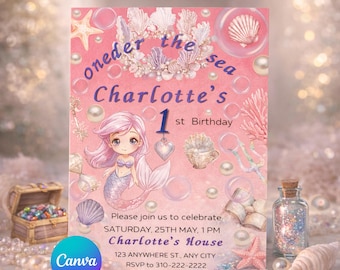 Editable Mermaid Birthday Invitation, Under the Sea Party Invite, Pink Ocean Theme (Digital Download)