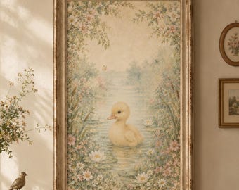 Vintage Duckling Pond Art, Cottagecore Nursery Print, Botanical Wall Decor (Digital Download)